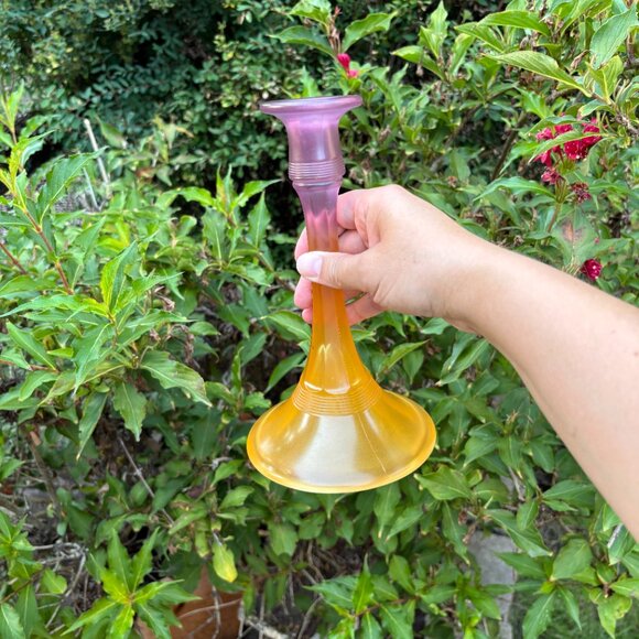 Pair of Vintage Satin Pressed Glass Candle Holders with Amber Purple Gradient - Picture 8 of 15